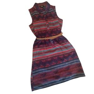 By & By Womens Blue Orange Geometric Southwestern Belted Button Front Dress M